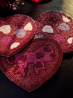Next Set of 4 Pink Beaded Heart and Bow Coasters