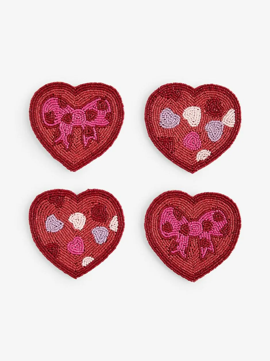 Next Set of 4 Pink Beaded Heart and Bow Coasters