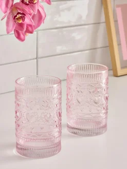 Next Set of 2 Pink Heart Pressed Tumbler Glasses Clearance
