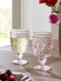 Next Set of 2 Pink Heart Pressed Wine Glasses Clearance