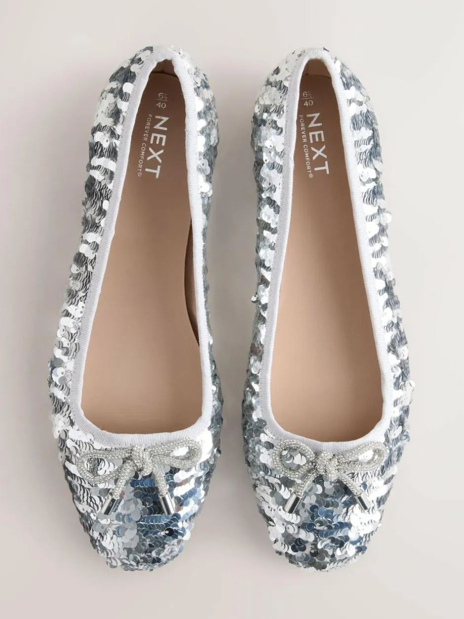 Next Silver Sequin Standard/Wide Fit Round Toe Ballerina Shoes Discount