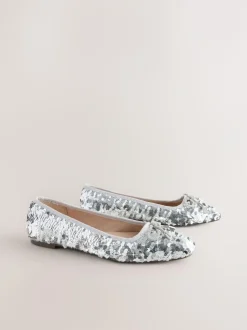 Next Silver Sequin Standard/Wide Fit Round Toe Ballerina Shoes Discount