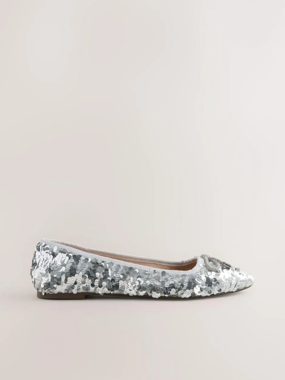 Next Silver Sequin Standard/Wide Fit Round Toe Ballerina Shoes Discount