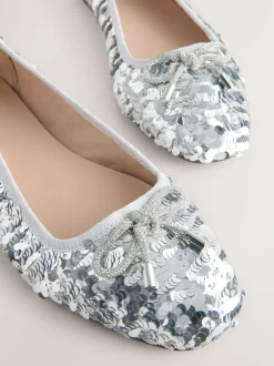 Next Silver Sequin Standard/Wide Fit Round Toe Ballerina Shoes Discount