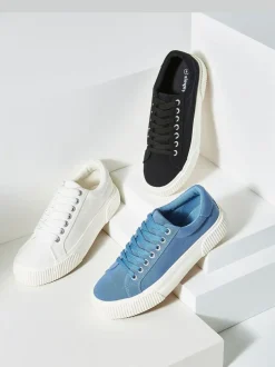 Simply Be Wide Fit Canvas Chunky Ribbed Sole Trainers Black Sale