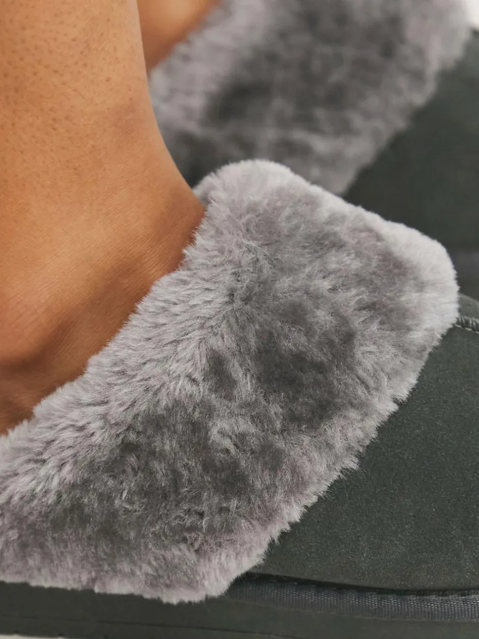 Simply Be Standard Fit Faux Fur Lined Suede Mule Slippers Dark Grey Online