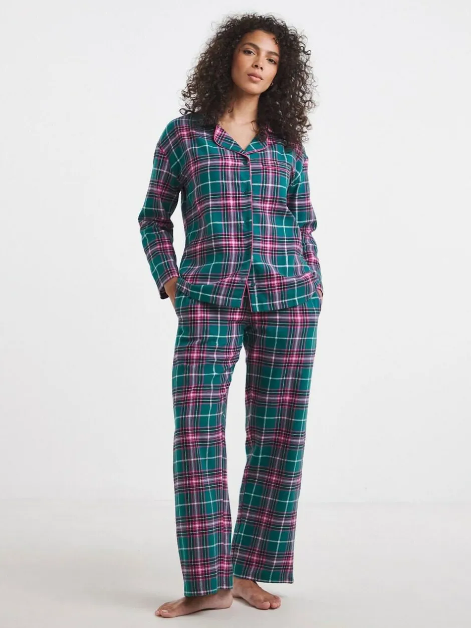 Simply Be Green Pretty Secrets Lurex Check Button Through Pyjamas Set Clearance