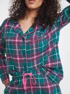 Simply Be Green Pretty Secrets Lurex Check Button Through Pyjamas Set Clearance
