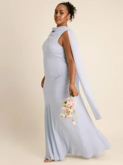 Six Stories Blue High Cowl Neck Drape Crepe Bridesmaid Dress New