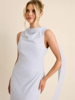 Six Stories Blue High Cowl Neck Drape Crepe Bridesmaid Dress New