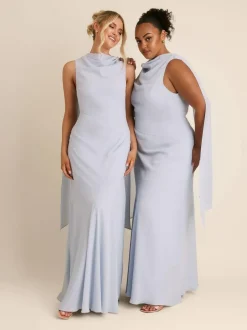 Six Stories Blue High Cowl Neck Drape Crepe Bridesmaid Dress New