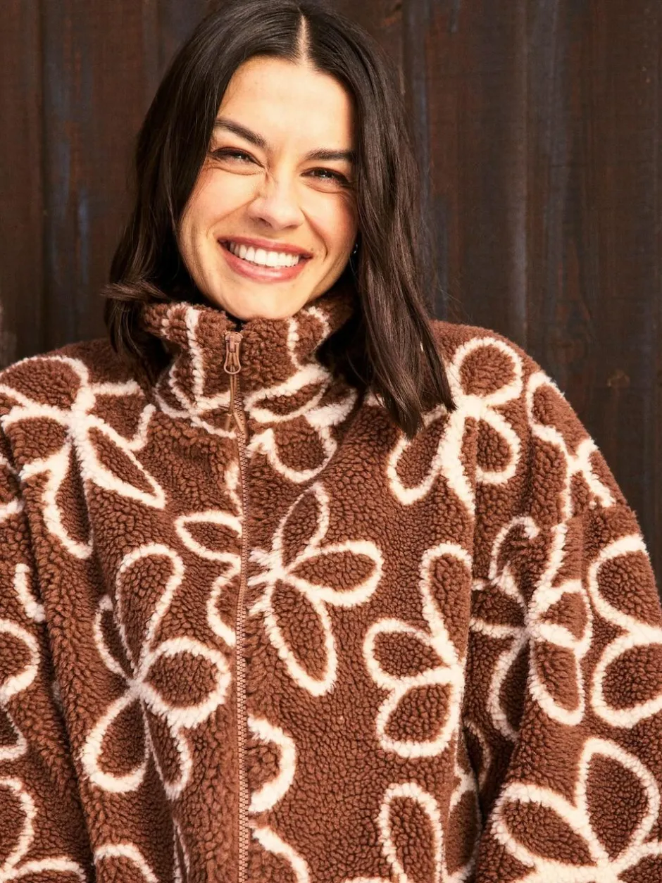 Skinnydip Brown Doodle Flower Borg Jacket in Brown Discount