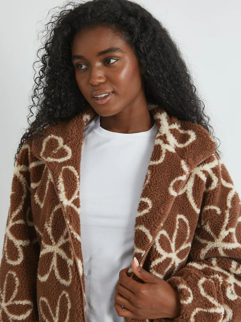 Skinnydip Brown Doodle Flower Borg Jacket in Brown Discount