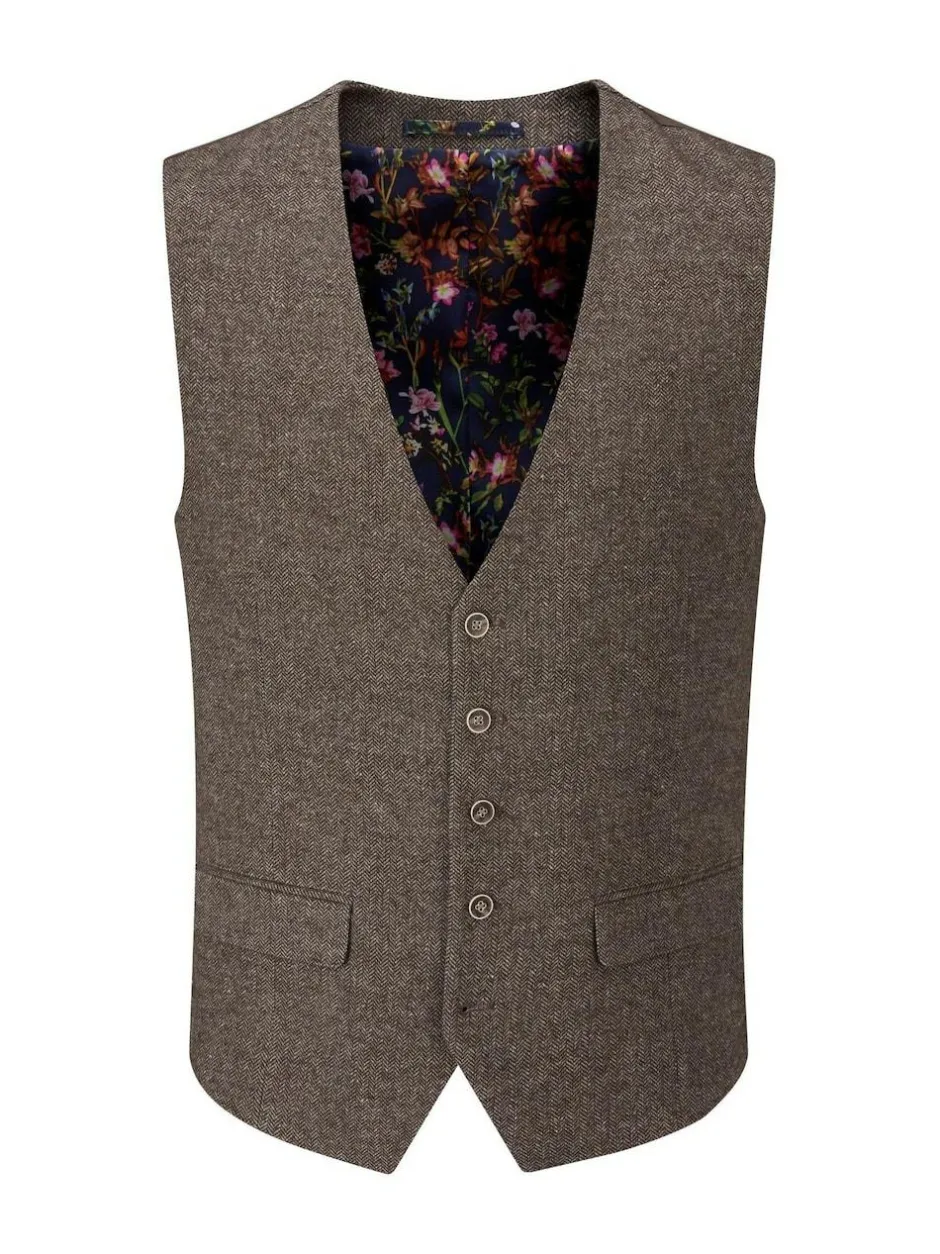 Skopes Brown Jude Tweed Tailored Fit Suit Waistcoat New