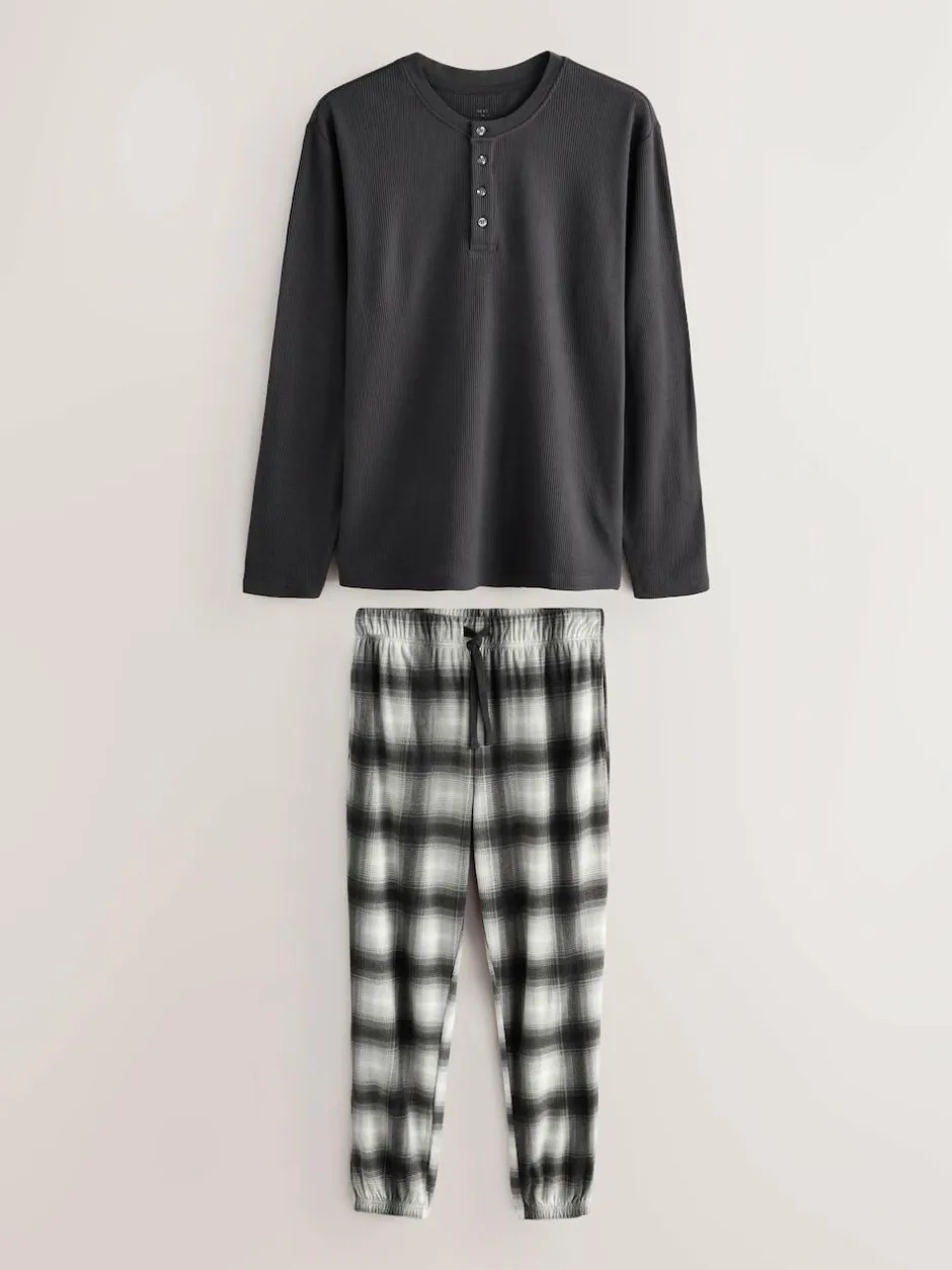 Next Slate Grey Check Motionflex Textured Cosy Long Sleeve Pyjamas Set Best