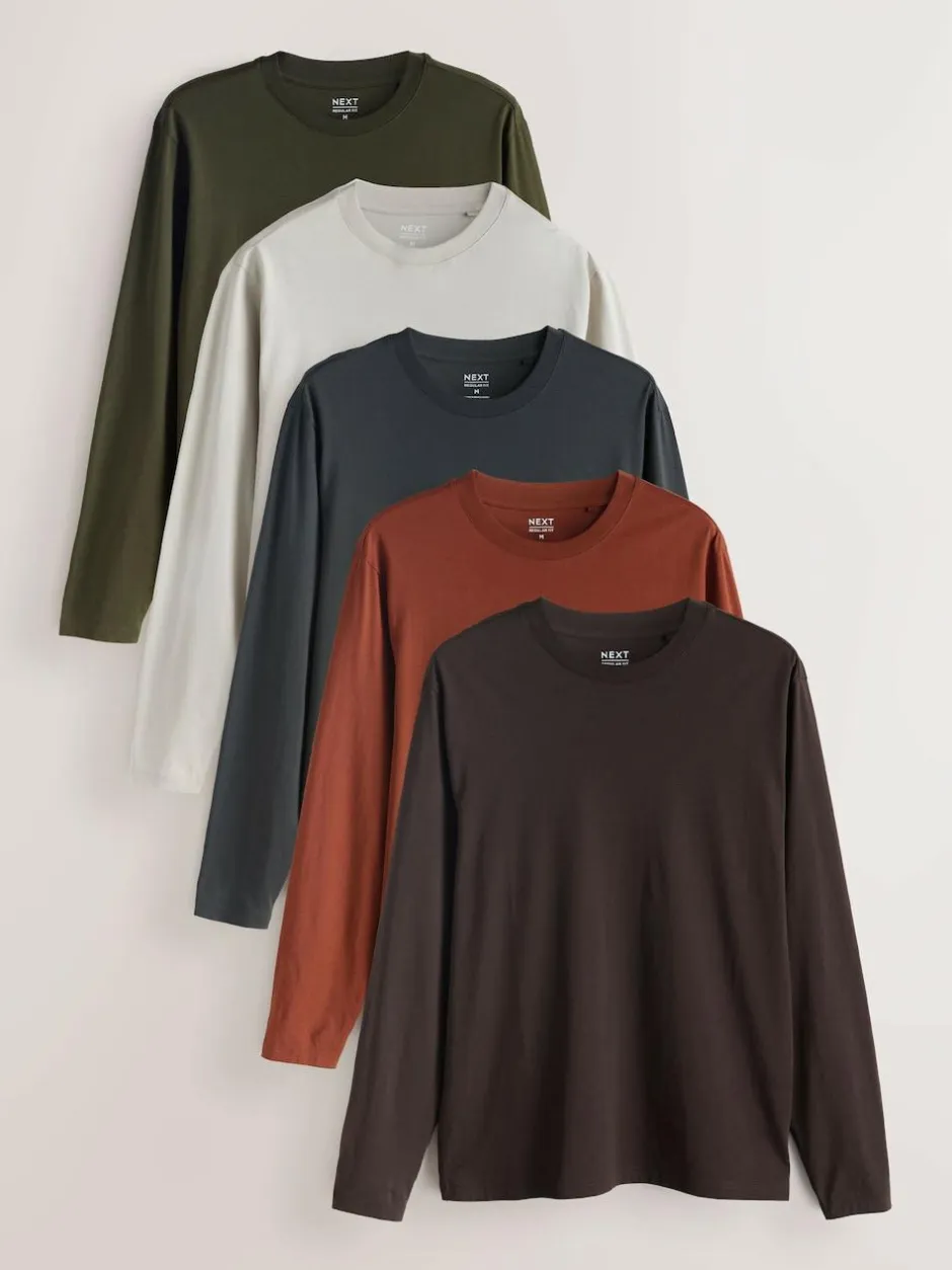 Next Regular Fit Regular Fit Long Sleeve 100% Cotton T-Shirts 5 Pack Slate/Green/Ecru/Orange/Brown Online