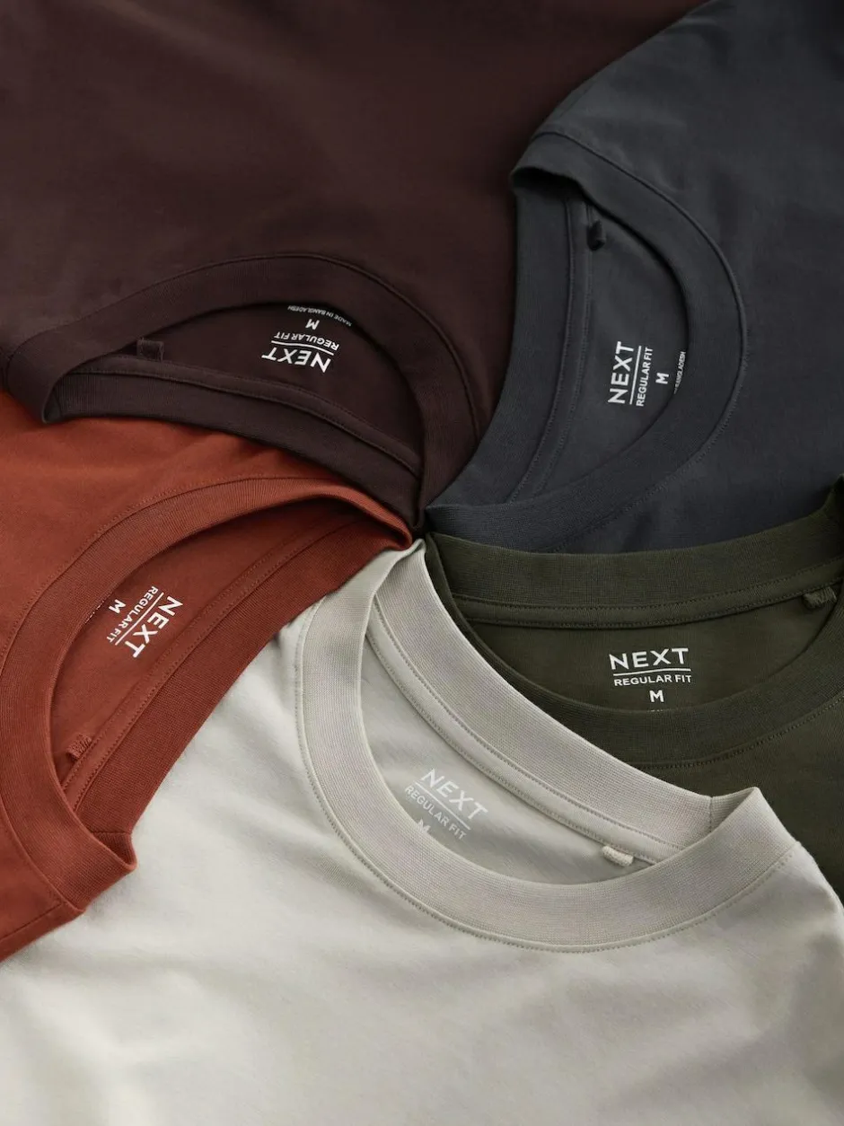 Next Regular Fit Regular Fit Long Sleeve 100% Cotton T-Shirts 5 Pack Slate/Green/Ecru/Orange/Brown Online