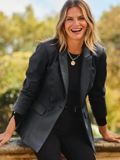 Sosandar Black Premium Faux Leather Blazer Discount