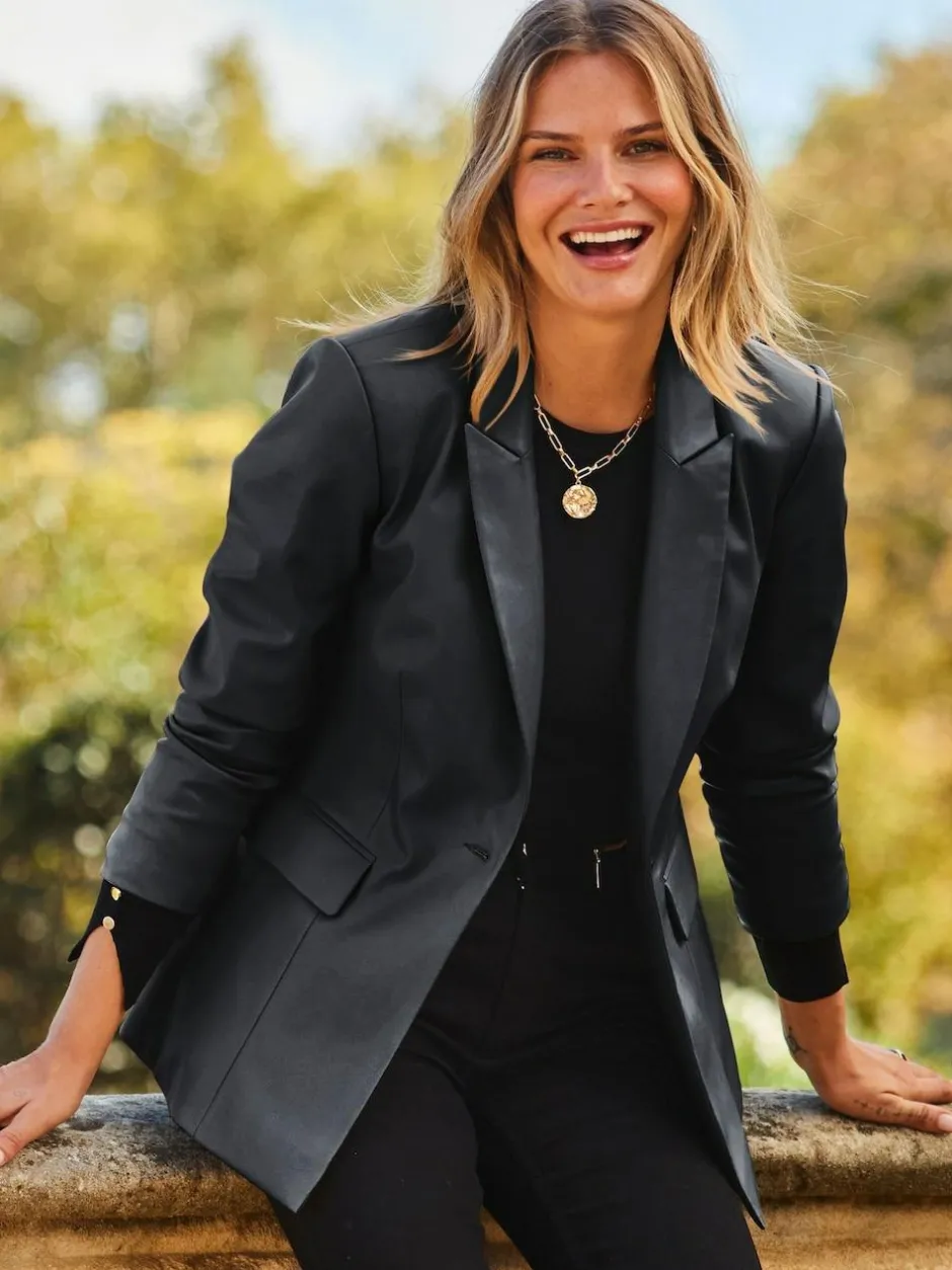 Sosandar Black Premium Faux Leather Blazer Discount