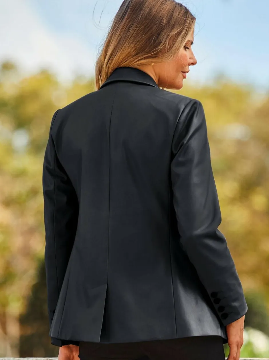 Sosandar Black Premium Faux Leather Blazer Discount