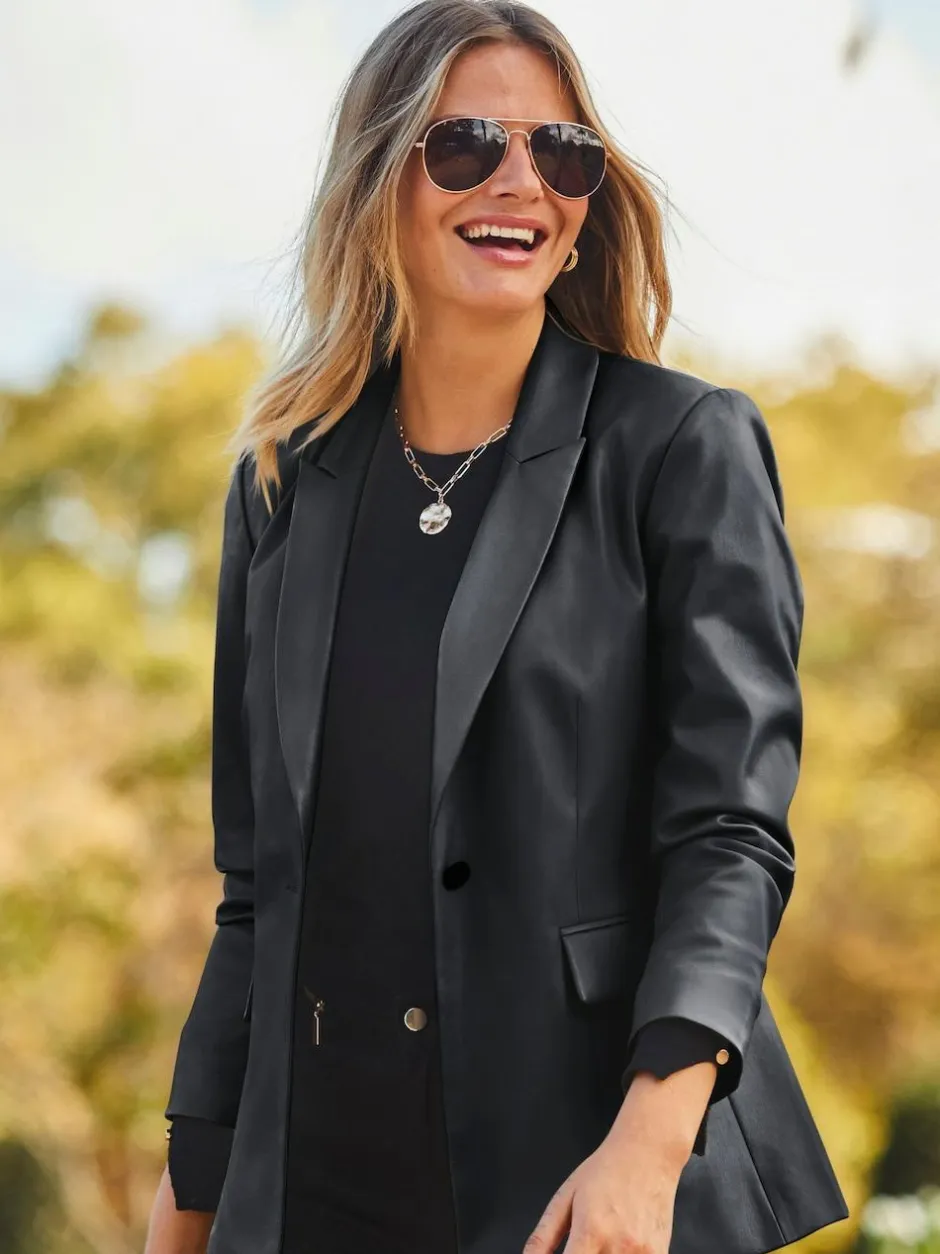 Sosandar Black Premium Faux Leather Blazer Discount