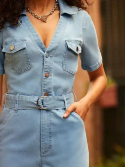 Sosandar Blue D Ring Belt Culotte Denim Jumpsuit Sale