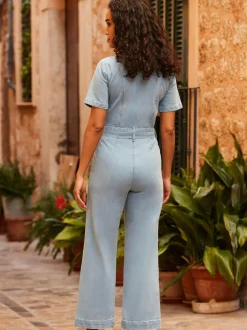 Sosandar Blue D Ring Belt Culotte Denim Jumpsuit Sale