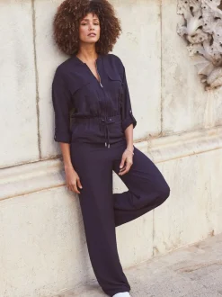 Sosandar Blue Drawstring Waist Jumpsuit Hot