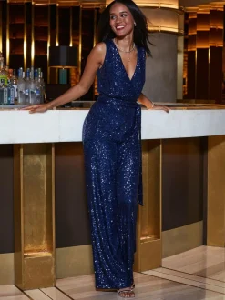 Sosandar Blue Sequin Wrap Front Jumpsuit Hot