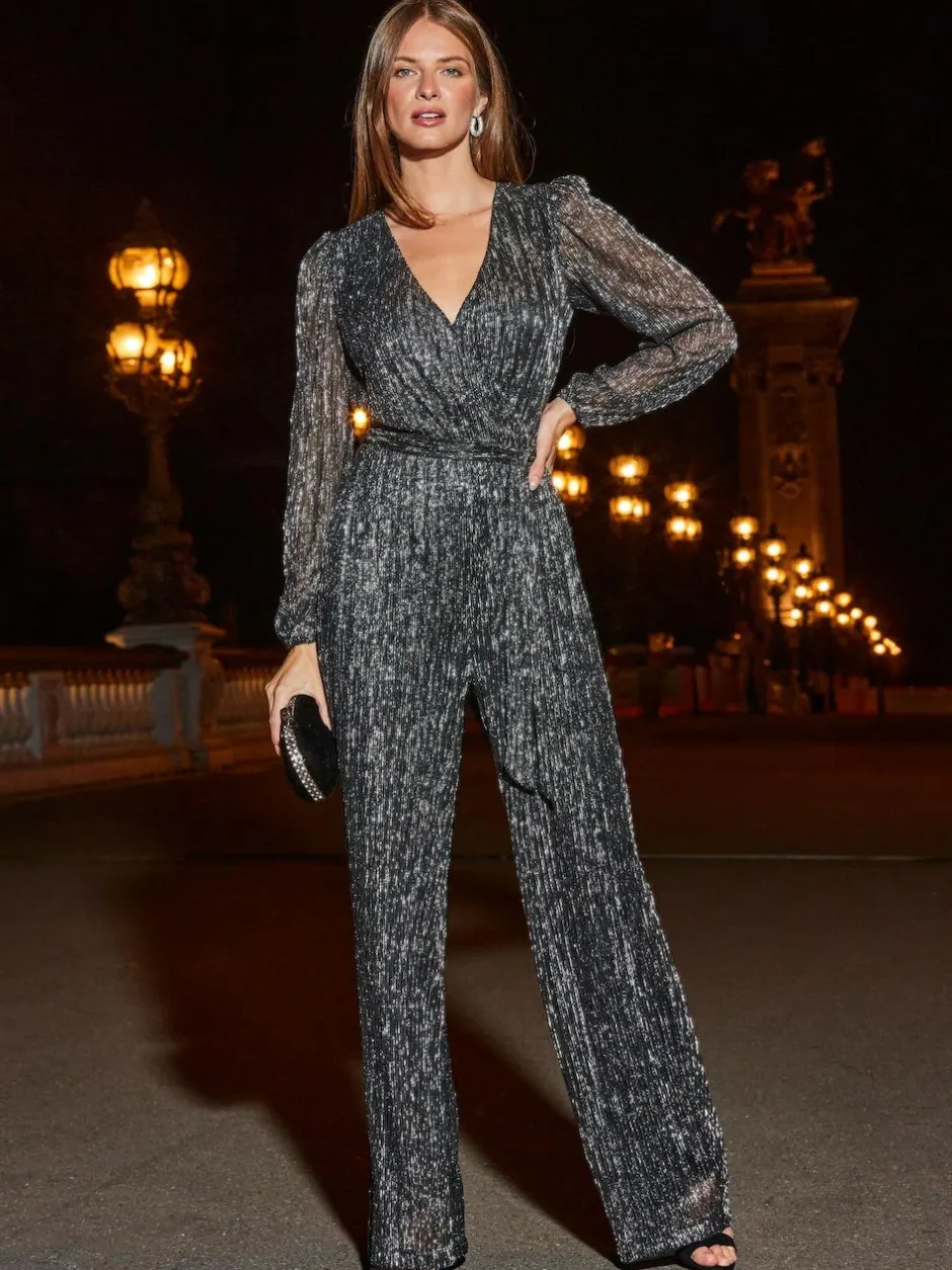 Sosandar Silver Sparkle Plisse Wrap Front Wide Leg Jumpsuit Discount