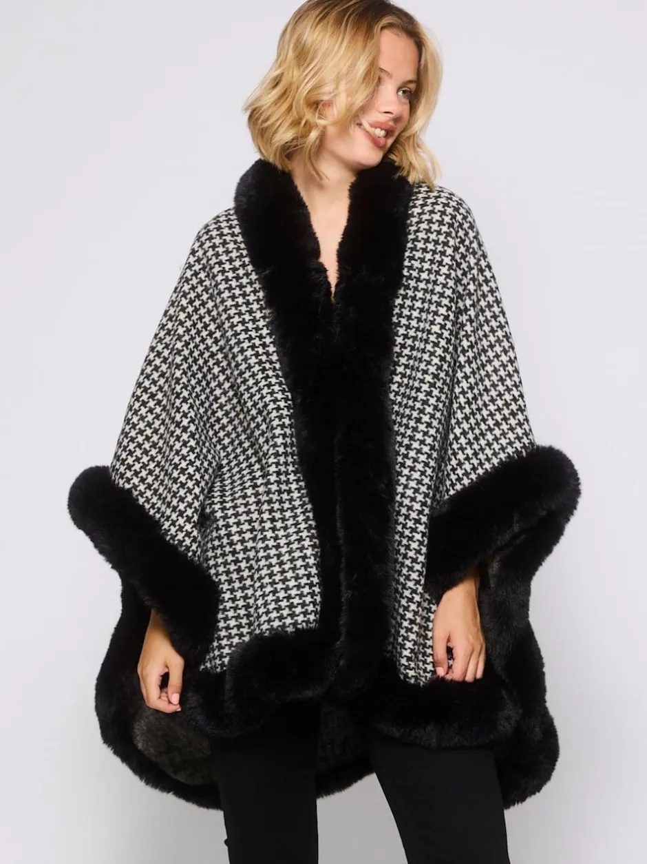 South Beach Faux Fur Trim Cape Monochrome Houndstooth Best
