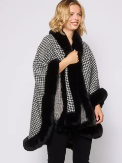 South Beach Faux Fur Trim Cape Monochrome Houndstooth Best