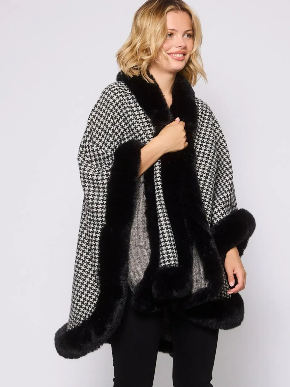 South Beach Faux Fur Trim Cape Monochrome Houndstooth Best