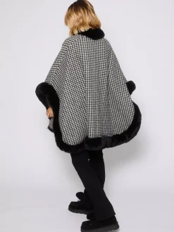 South Beach Faux Fur Trim Cape Monochrome Houndstooth Best