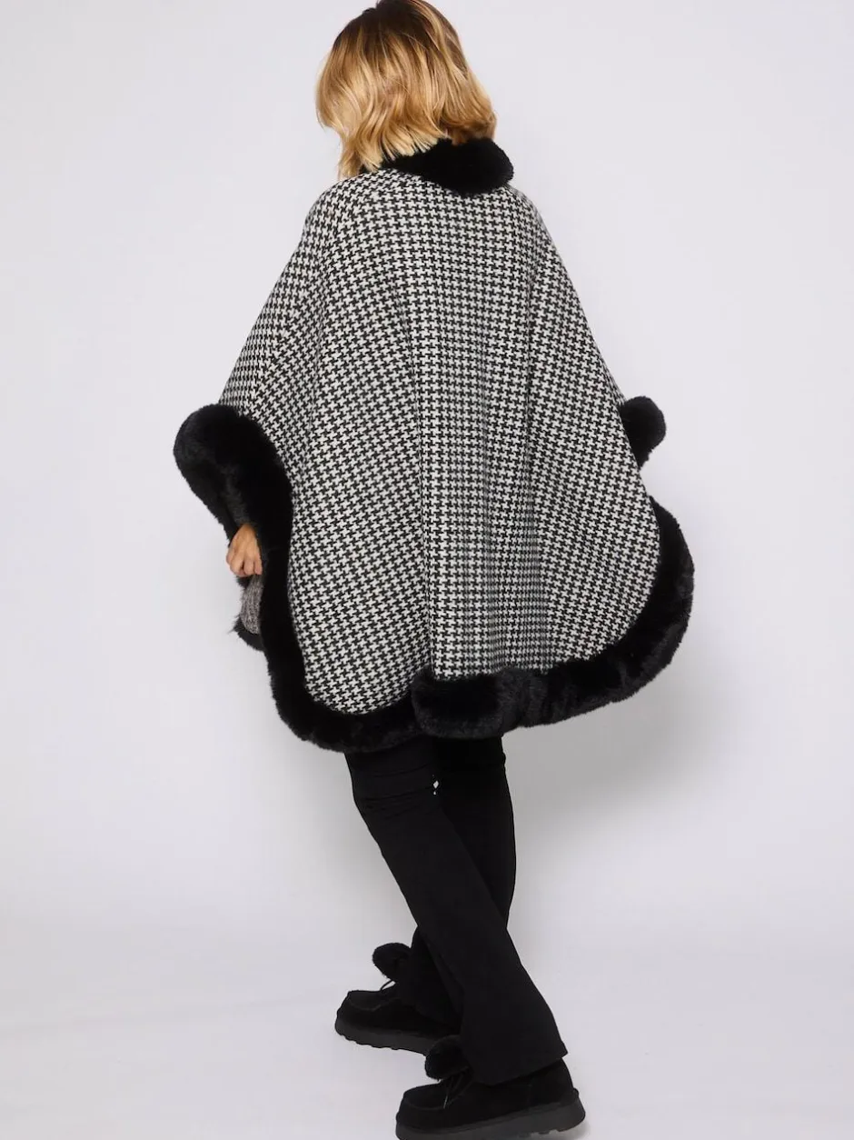 South Beach Faux Fur Trim Cape Monochrome Houndstooth Best