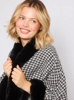South Beach Faux Fur Trim Cape Monochrome Houndstooth Best