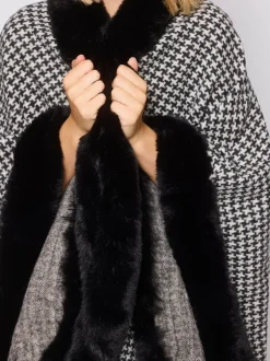 South Beach Faux Fur Trim Cape Monochrome Houndstooth Best