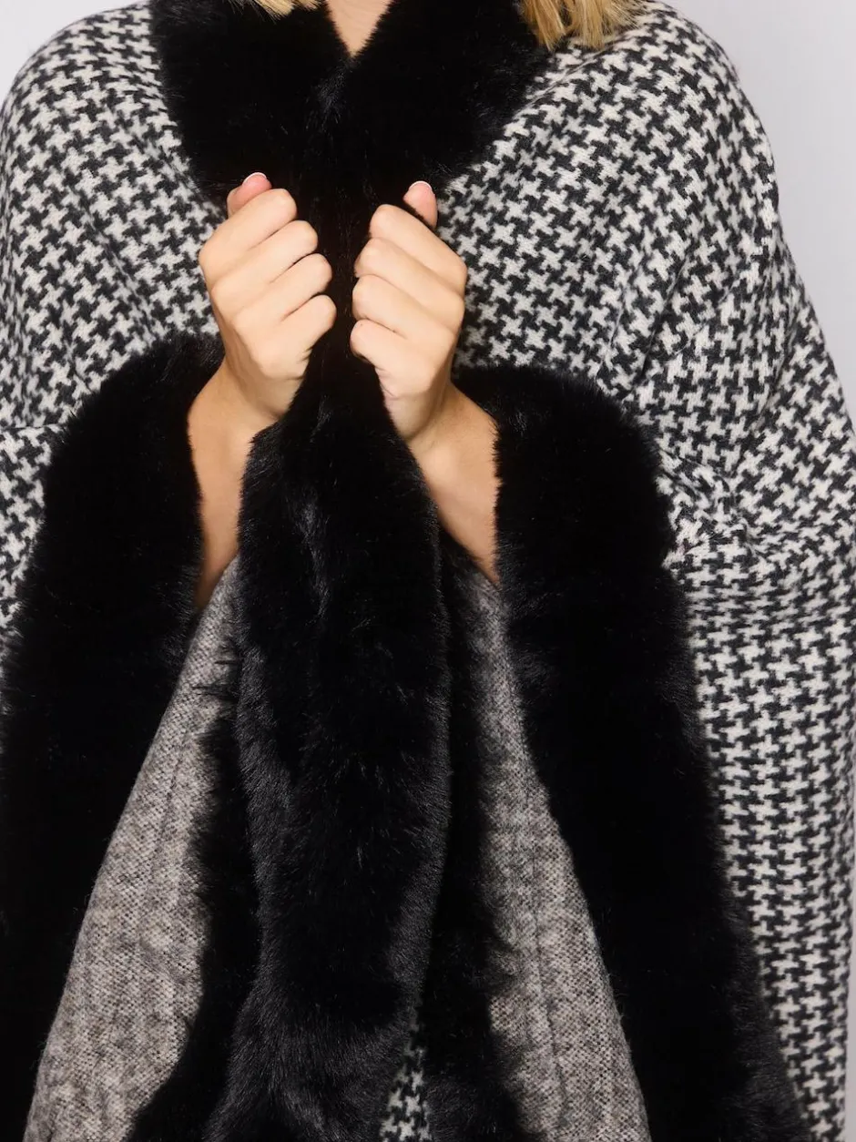 South Beach Faux Fur Trim Cape Monochrome Houndstooth Best