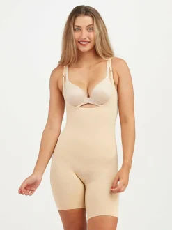 Spanx sculpt™ Seamless Power Open-Bust Mid-Thigh Bodysuit Nude New