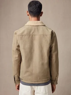 Next Faux Suede Borg Lined Trucker Jacket Stone Clearance