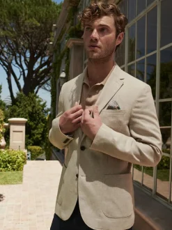 Next Slim Fit Textured Linen Blend Blazer Stone Clearance