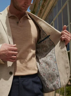 Next Slim Fit Textured Linen Blend Blazer Stone Clearance