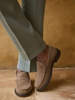 Next Standard Fit Suede Penny Loafers Stone New