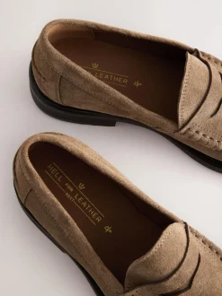 Next Standard Fit Suede Penny Loafers Stone New
