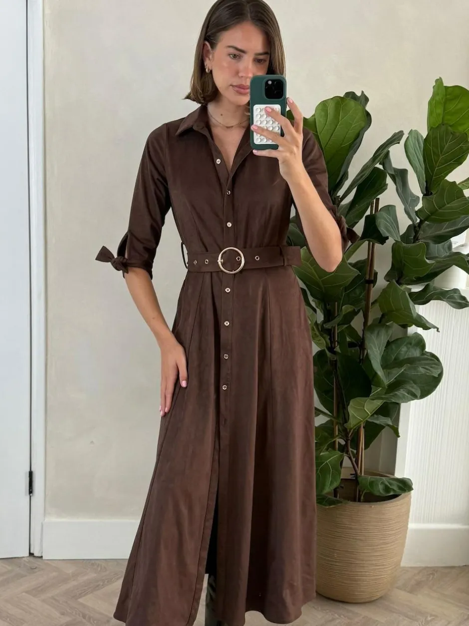 Style Cheat Brown Suedette Daphne Belted Dress Clearance