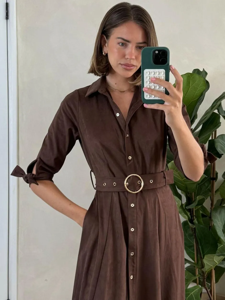 Style Cheat Brown Suedette Daphne Belted Dress Clearance