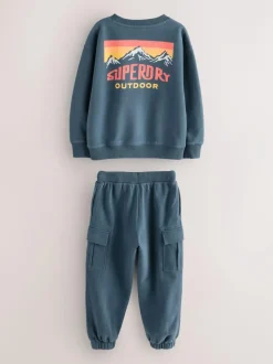Superdry Blue Red Sweat Top & Shorts Set Hot