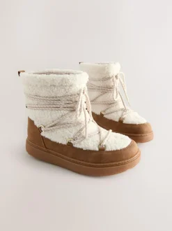 Next Borg Water Resistant Boots Tan Brown / Ecru