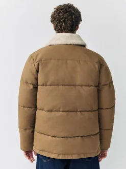 Next Tan Brown Canvas Worker Puffer Jacket With Borg Collar Online