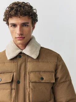 Next Tan Brown Canvas Worker Puffer Jacket With Borg Collar Online
